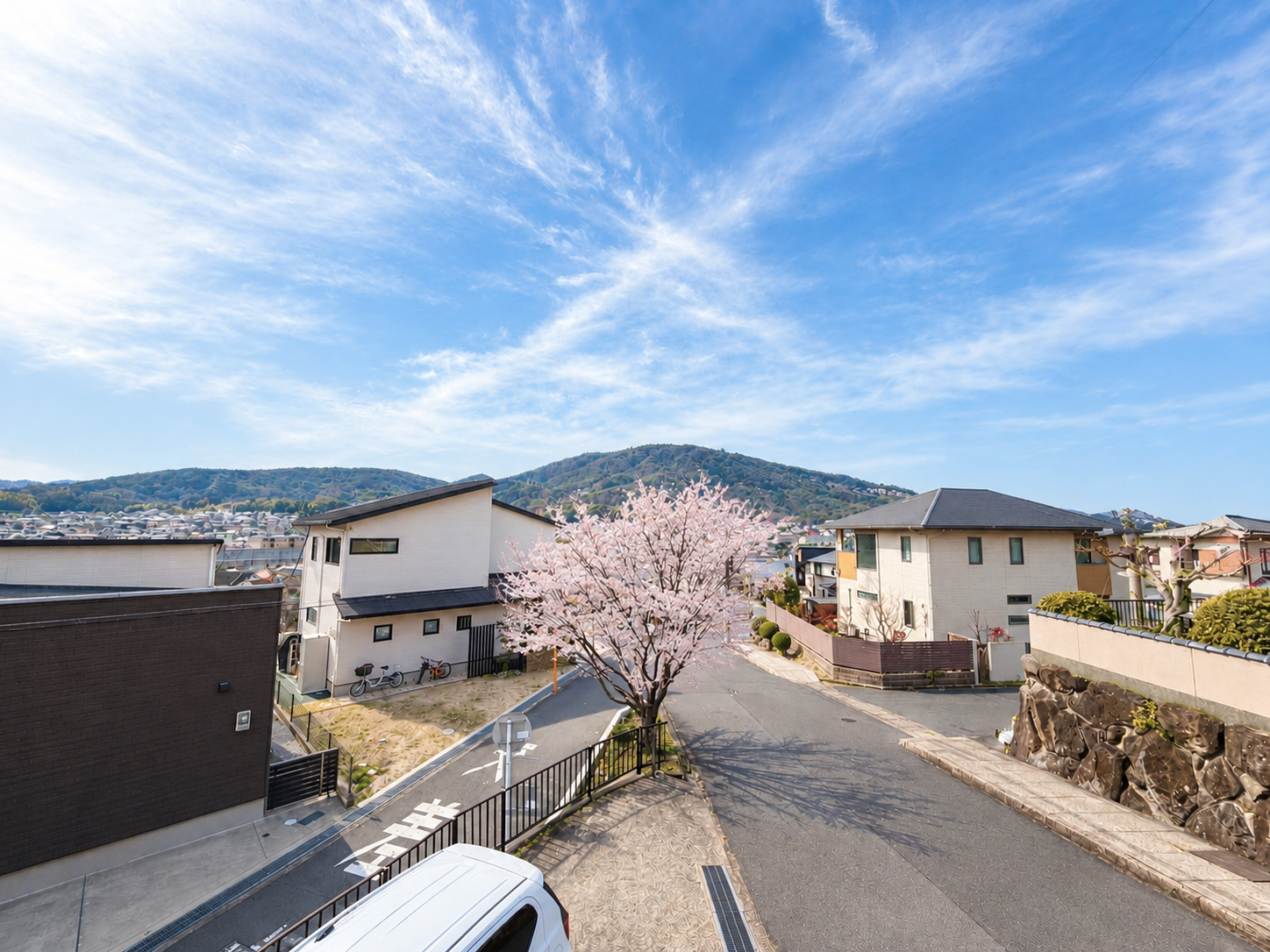 桜越しに生駒を望む風景